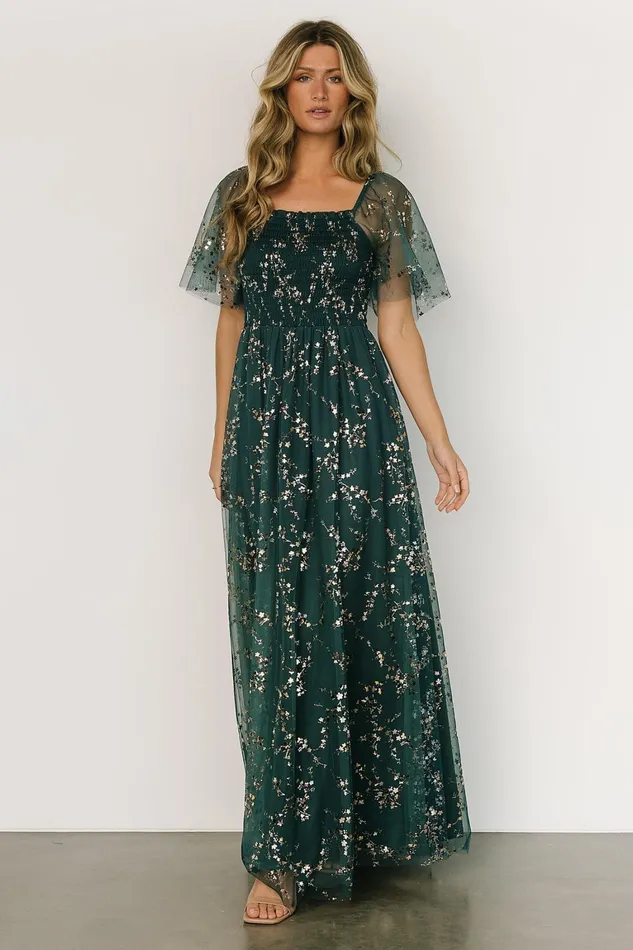 Cassandra Tulle Maxi Dress Green Gold Women Baltic Born Embellished Sequin