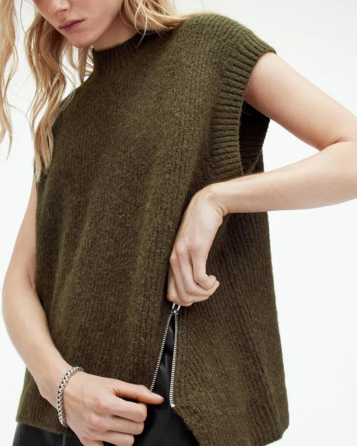 Castel Sleeveless Knitted Tank Top Khaki Green Women AllSaints Sweaters