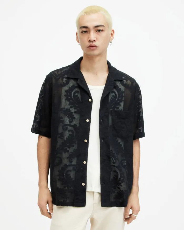 Cerrito Crochet Lace Relaxed Fit Shirt Jet Black Men AllSaints Shirts