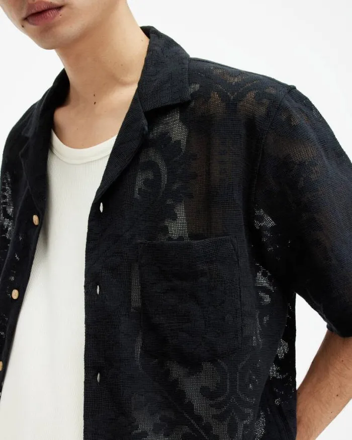 Cerrito Crochet Lace Relaxed Fit Shirt Jet Black Men AllSaints Shirts