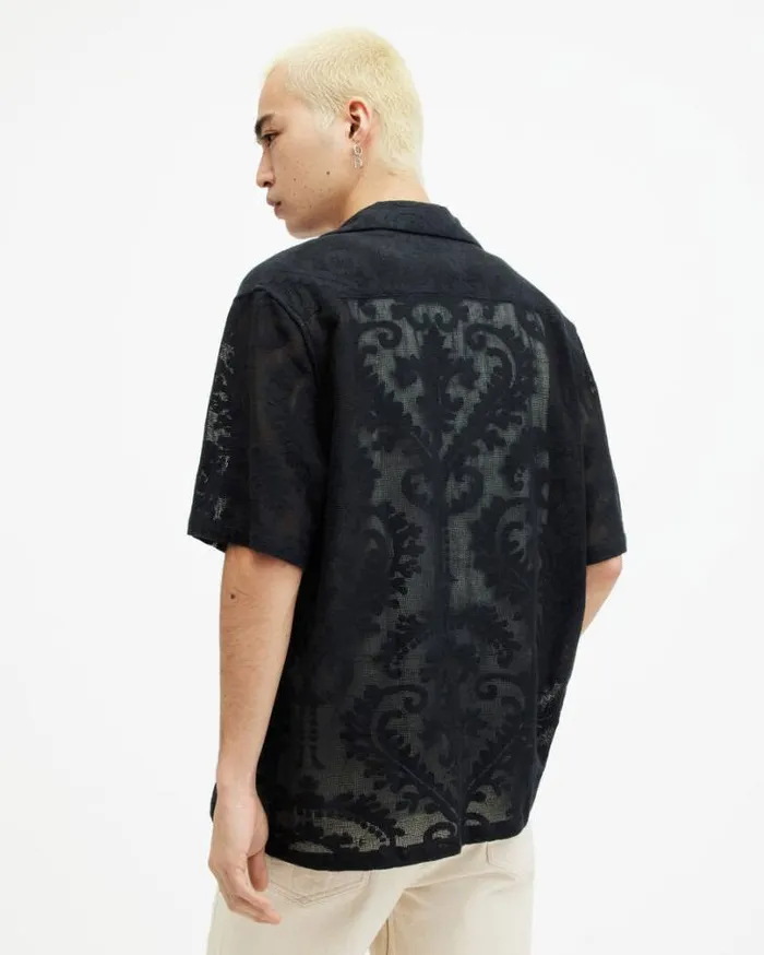 Cerrito Crochet Lace Relaxed Fit Shirt Jet Black Men AllSaints Shirts