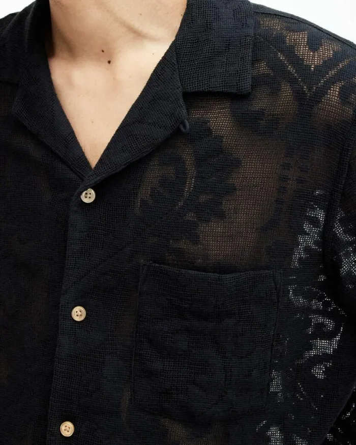 Cerrito Crochet Lace Relaxed Fit Shirt Jet Black Men AllSaints Shirts