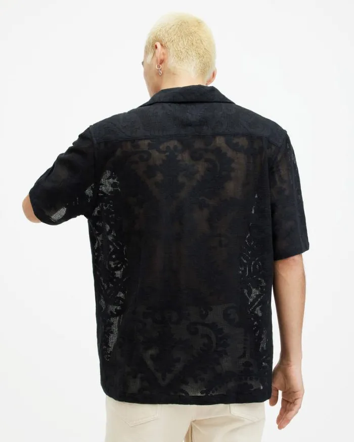 Cerrito Crochet Lace Relaxed Fit Shirt Jet Black Men AllSaints Shirts