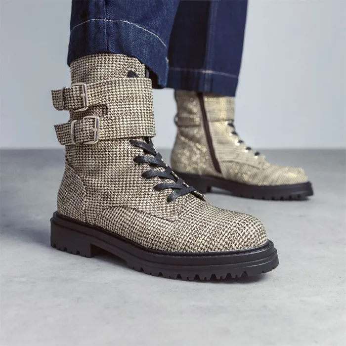 Chunky Boots Women Moda In Pelle Zori Gold Textile