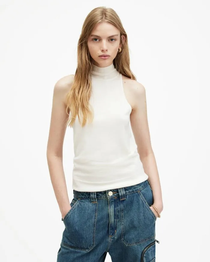 Connie Merino Wool Roll Neck Top Chalk White Women AllSaints Tops and Shirts