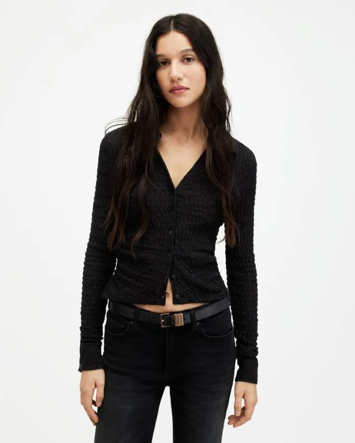 Connie Slim Fit Open Neck Shirt Black Women AllSaints Tops and Shirts