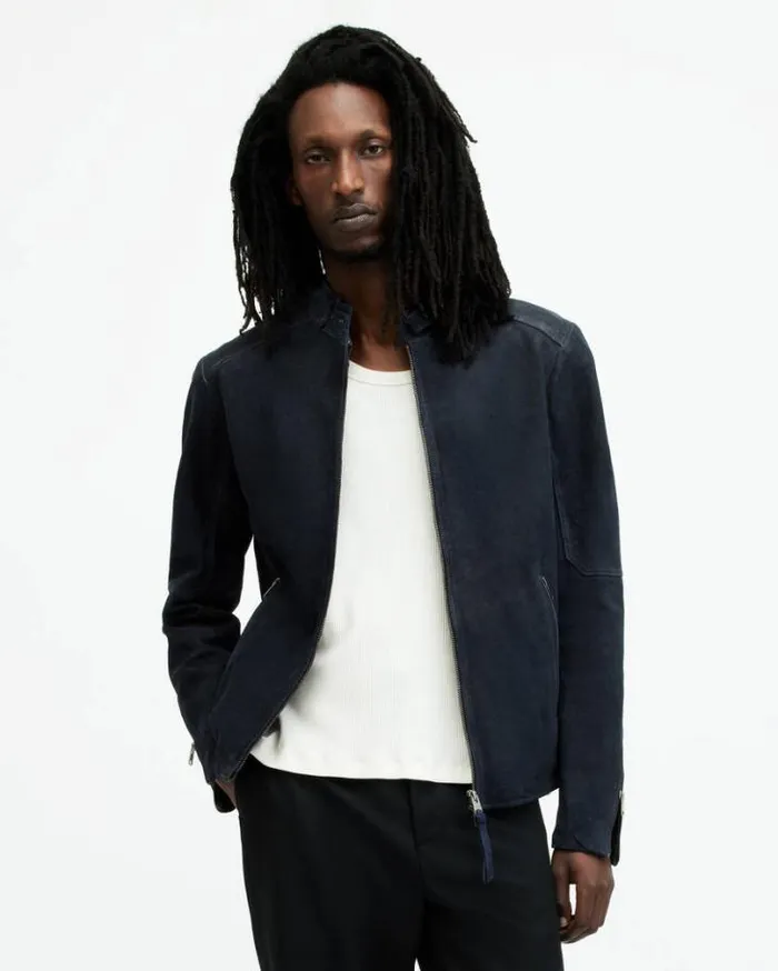 Cora Leather Snap Back Collar Jacket Mcway Blue Men AllSaints Leather Jackets