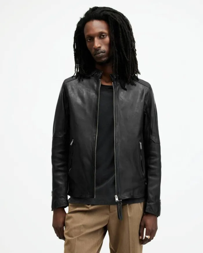 Cora Leather Snap Collar Jacket Jet Black Men AllSaints Leather Jackets
