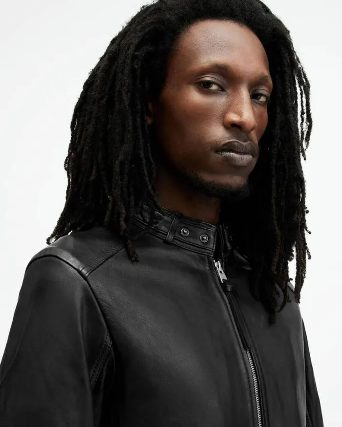 Cora Leather Snap Collar Jacket Jet Black Men AllSaints Leather Jackets