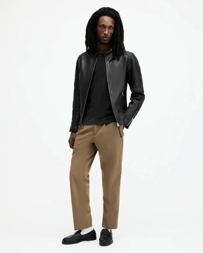 Cora Leather Snap Collar Jacket Jet Black Men AllSaints Leather Jackets