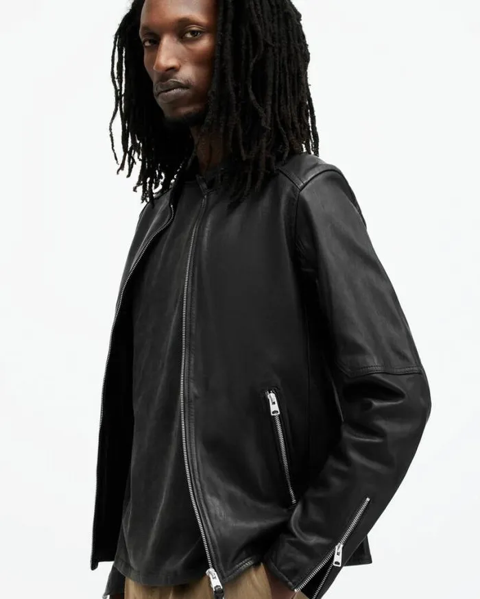 Cora Leather Snap Collar Jacket Jet Black Men AllSaints Leather Jackets