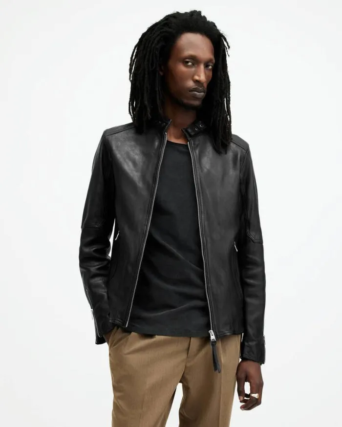 Cora Leather Snap Collar Jacket Jet Black Men AllSaints Leather Jackets