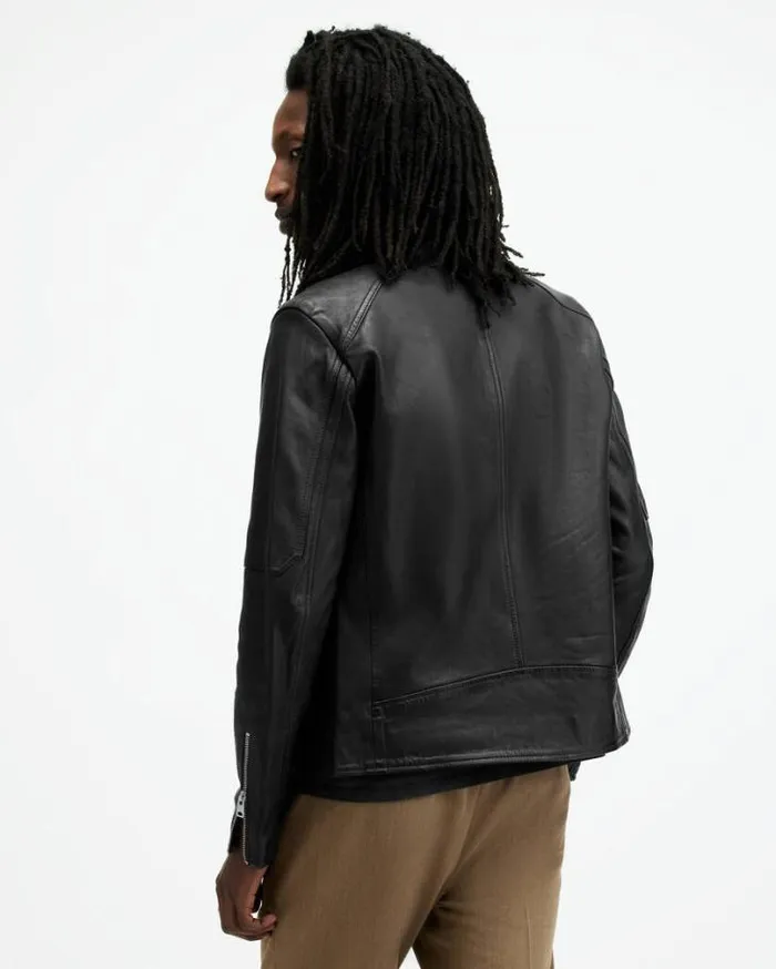Cora Leather Snap Collar Jacket Jet Black Men AllSaints Leather Jackets