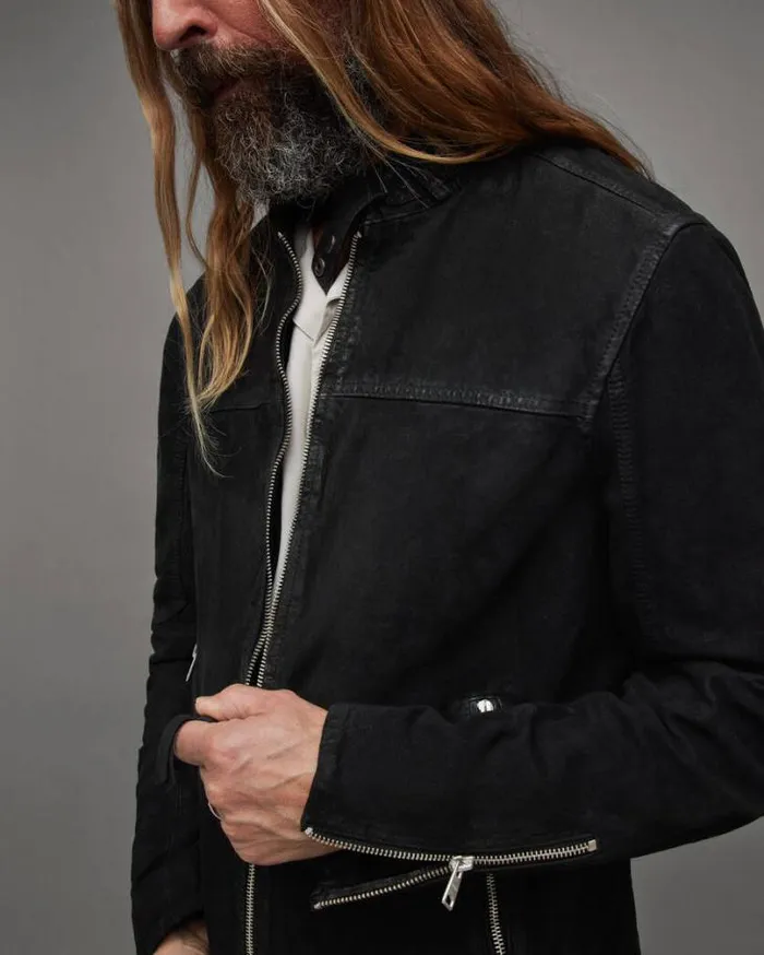 Cora Suede Snap Back Collar Jacket Black Men AllSaints Leather Jackets