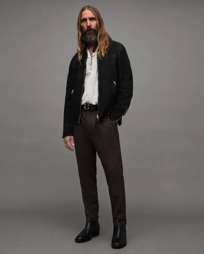 Cora Suede Snap Back Collar Jacket Black Men AllSaints Leather Jackets