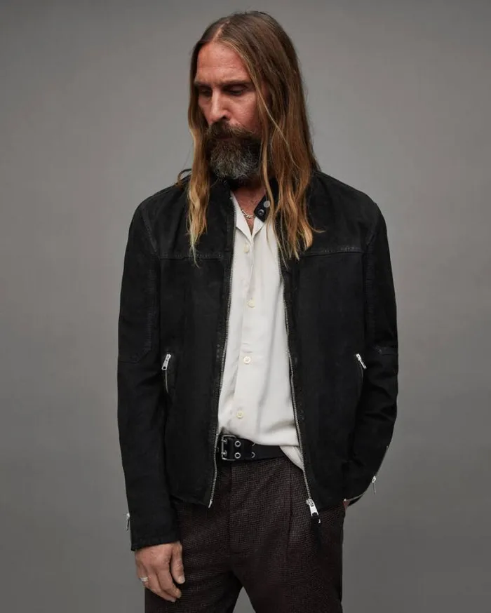 Cora Suede Snap Back Collar Jacket Black Men AllSaints Leather Jackets