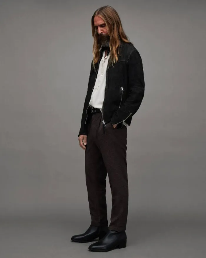 Cora Suede Snap Back Collar Jacket Black Men AllSaints Leather Jackets