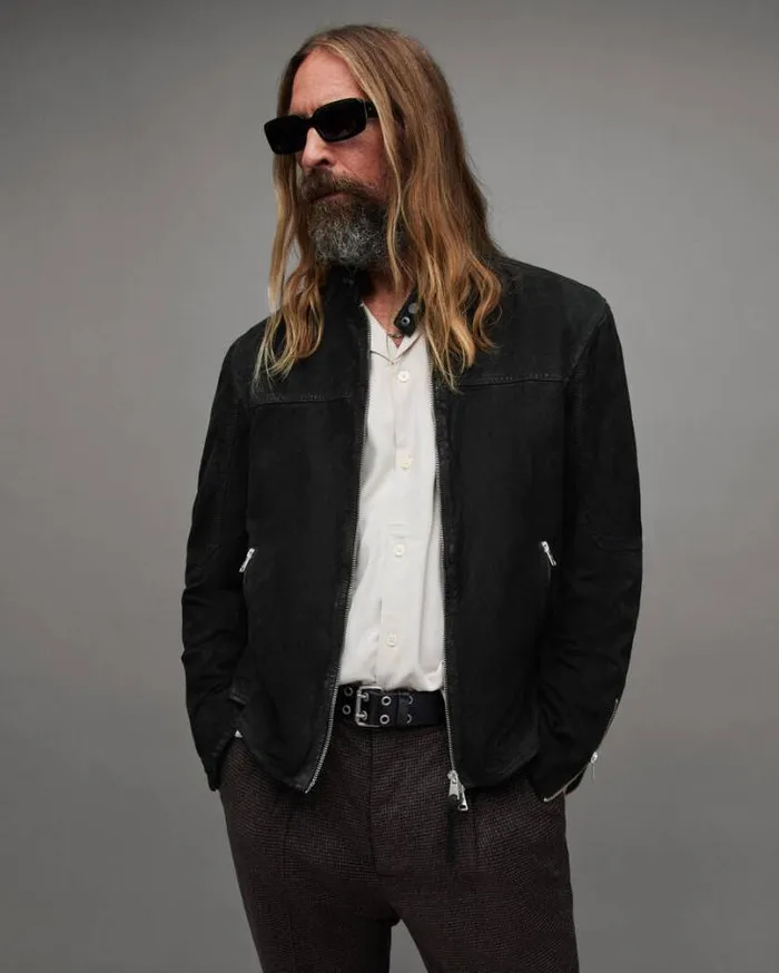 Cora Suede Snap Back Collar Jacket Black Men AllSaints Leather Jackets