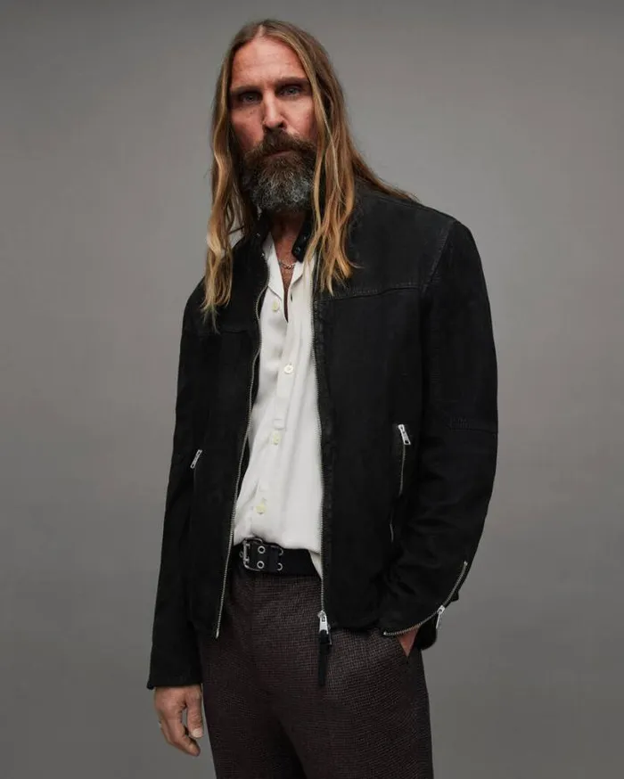 Cora Suede Snap Back Collar Jacket Black Men AllSaints Leather Jackets