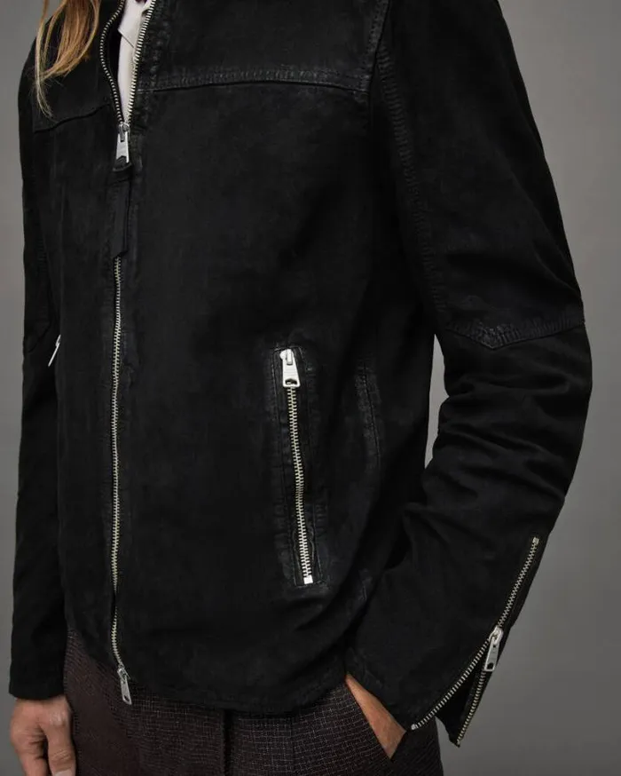 Cora Suede Snap Back Collar Jacket Black Men AllSaints Leather Jackets