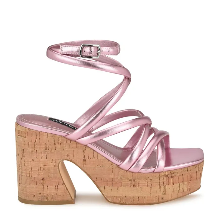 Corke Platform Wedge Strappy Sandals Pink Women Nine West Sandals