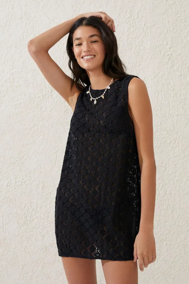 Cotton On CoverUps Open Mesh Beach Mini Dress Blackfloral 8211 Women