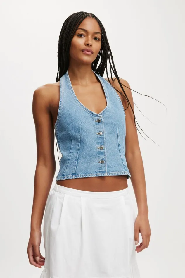 Cotton On Jackets Harley Denim Halter Vest Breeze Blue 8211 Women