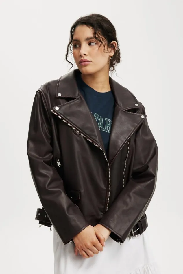 Cotton On Jackets Roman Faux Leather Biker Jacket Cherry Choc 8211 Women