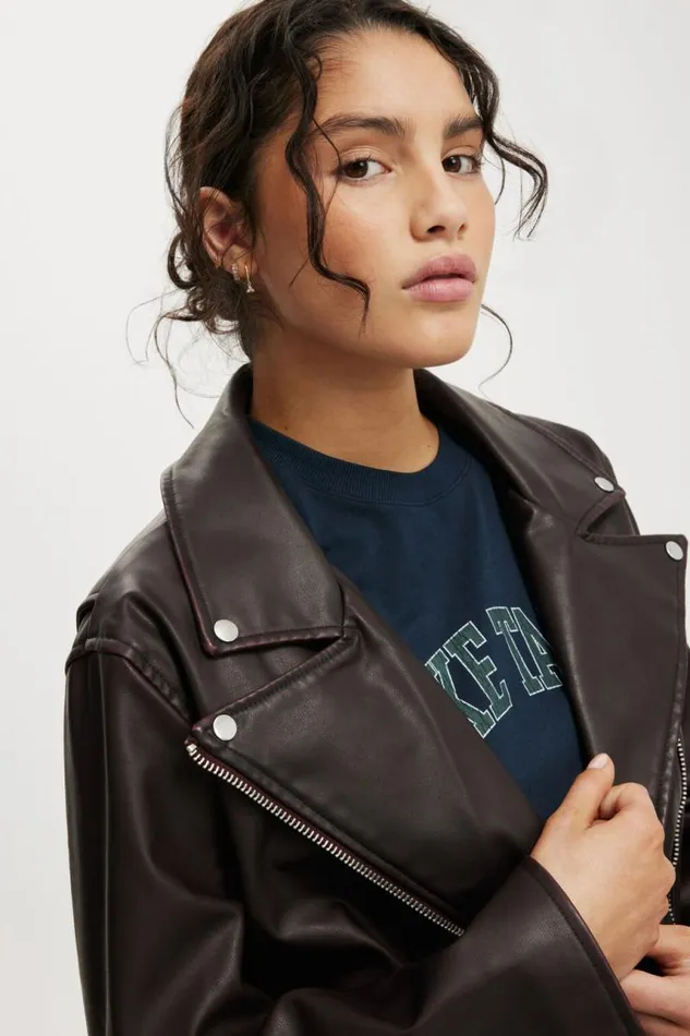 Cotton On Jackets Roman Faux Leather Biker Jacket Cherry Choc 8211 Women