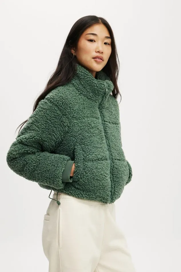 Cotton On Jackets The Mother Puffer Cropped Sherpa Jacket Emerald Forest 8211 Women