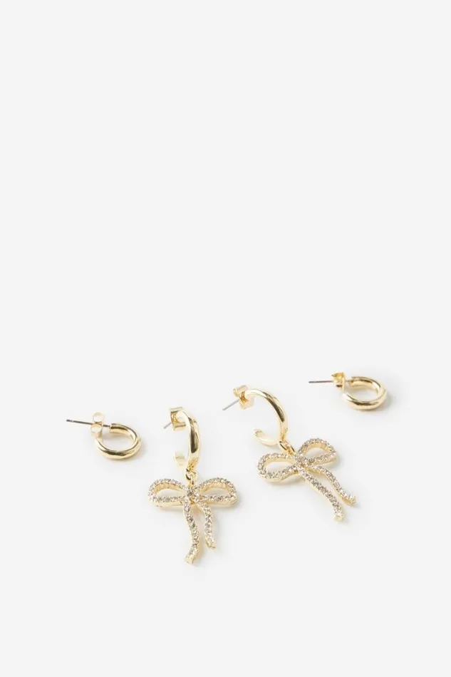 Cotton On Jewelry 2Pk Mid Earring Gold Plated Diamante Bows 8211 Women
