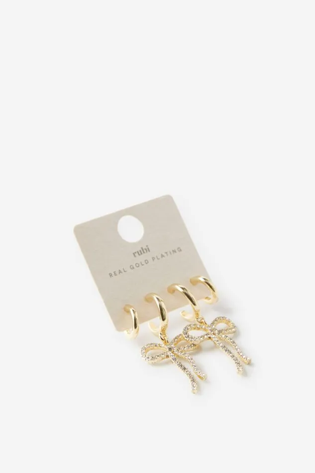 Cotton On Jewelry 2Pk Mid Earring Gold Plated Diamante Bows 8211 Women