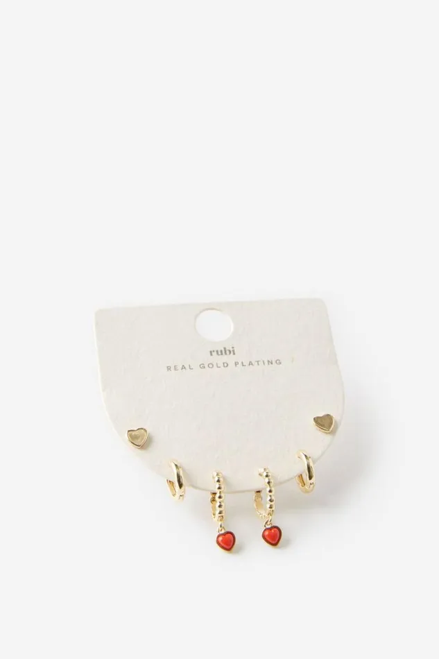 Cotton On Jewelry 3Pk Small Earring Gold Plated Red Heart 8211 Women