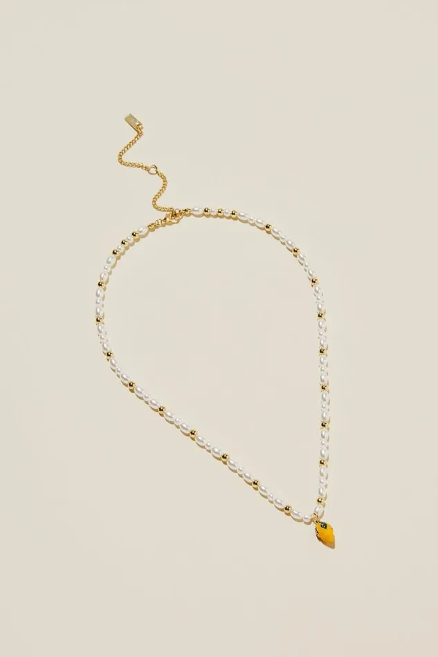 Cotton On Jewelry Pendant Necklace Gold Plated Enamel Lemon Pearl 8211 Women