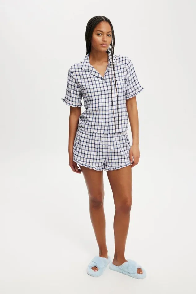 Cotton On Pajamas Flannel Short Sleeve Shirt And Short Sleep Set Robbin Checkblue 8211 Women