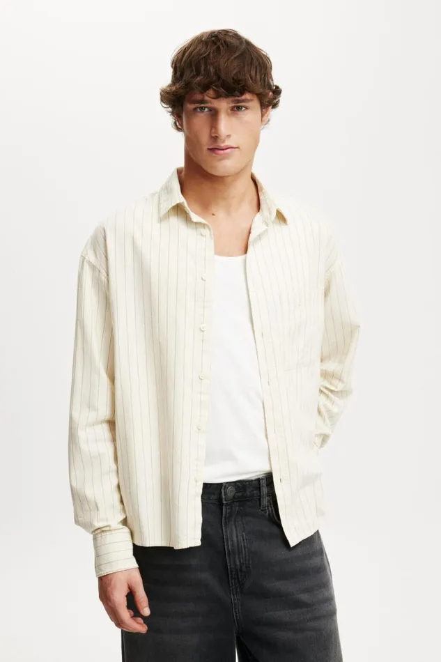 Cotton On Shirts and Polos Cropped Oxford Long Sleeve Shirt Natural Stripe 8211 Men