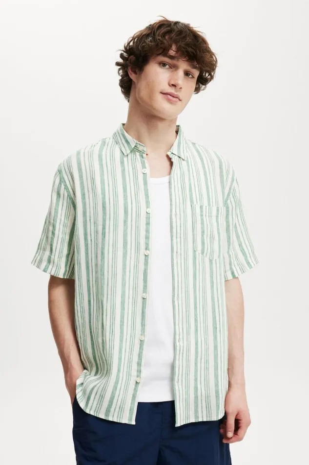 Cotton On Shirts and Polos Linen Short Sleeve Shirt Emerald Stripe 8211 Men