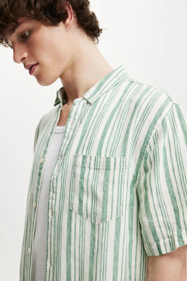 Cotton On Shirts and Polos Linen Short Sleeve Shirt Emerald Stripe 8211 Men Cotton On Shirts and Polos Linen Short Sleeve Shirt Emerald Stripe 8211 Men