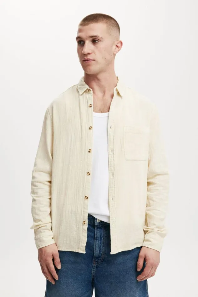 Cotton On Shirts and Polos Portland Long Sleeve Shirt Cream Cheesecloth 8211 Men