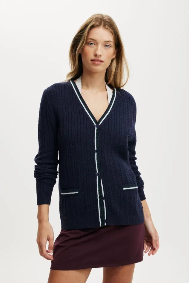 Cotton On SweatersandCardigans Everfine Preppy V Neck Cable Cardigan Total Eclipse 8211 Women