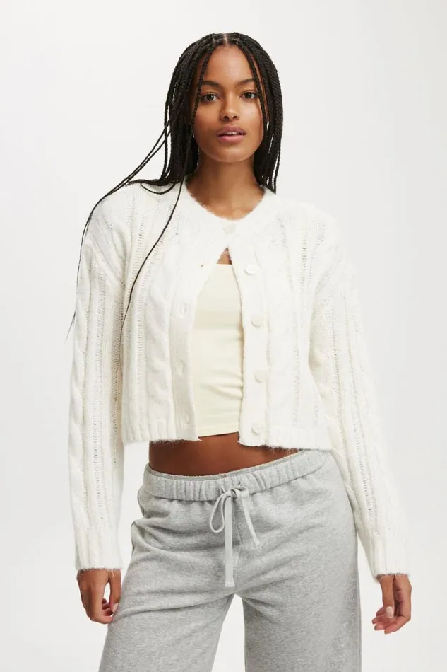 Cotton On SweatersandCardigans Fluffy Mid Cable Crew Cardigan Ecru 8211 Women