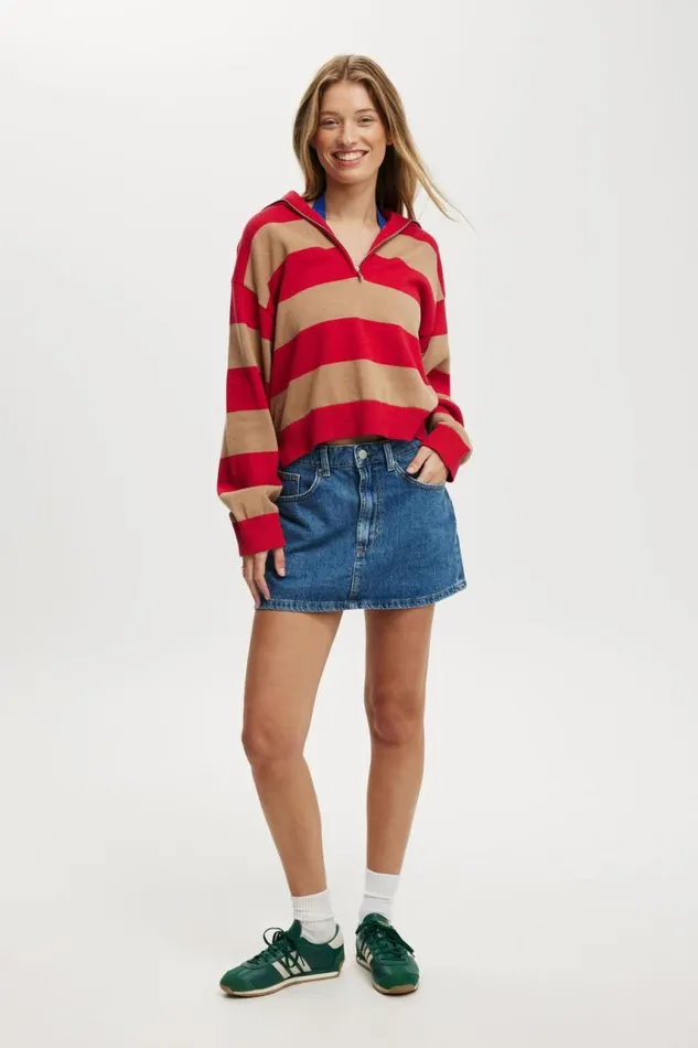 Cotton On SweatersandCardigans Preppy Half Zip Sweater Crimson Kiss Stripe 8211 Women Cotton On SweatersandCardigans Preppy Half Zip Sweater Crimson Kiss Stripe 8211 Women