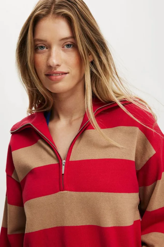 Cotton On SweatersandCardigans Preppy Half Zip Sweater Crimson Kiss Stripe 8211 Women Cotton On SweatersandCardigans Preppy Half Zip Sweater Crimson Kiss Stripe 8211 Women