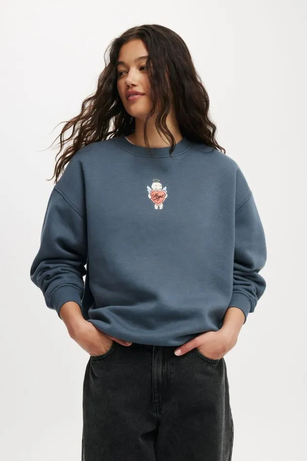 Cotton On SweatsandHoodies Classic Fleece Graphic Crew Sweatshirt Angel Heartslate Blue 8211 Women