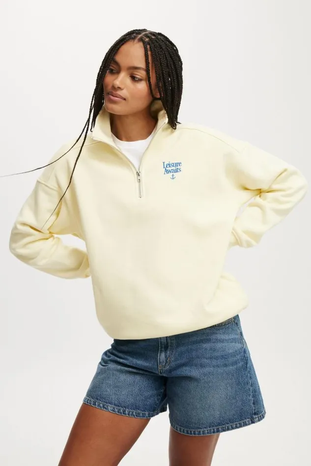 Cotton On SweatsandHoodies Classic Fleece Oversized Half Zip Sweatshirt Leisure Awaits Lemon Icing 8211 Women