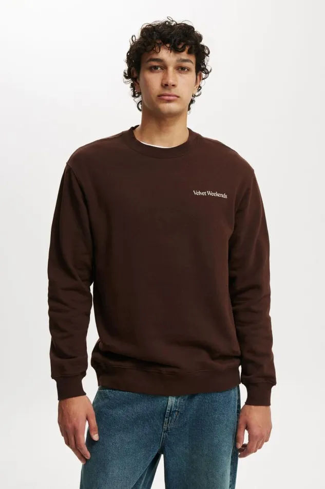 Cotton On Sweats and Hoodies Graphic Crew Fleece Dark Oak Velvet Weekends 8211 Men