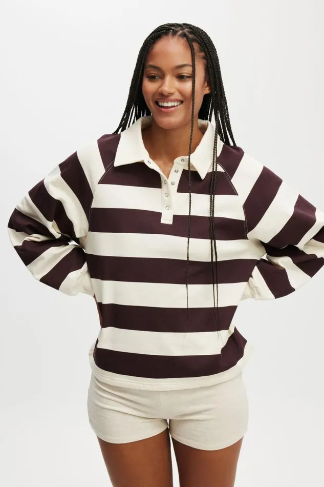 Cotton On SweatsandHoodies Oversized Collared Lounge Fleece Sweater Burgundy Cream Stripe 8211 Women
