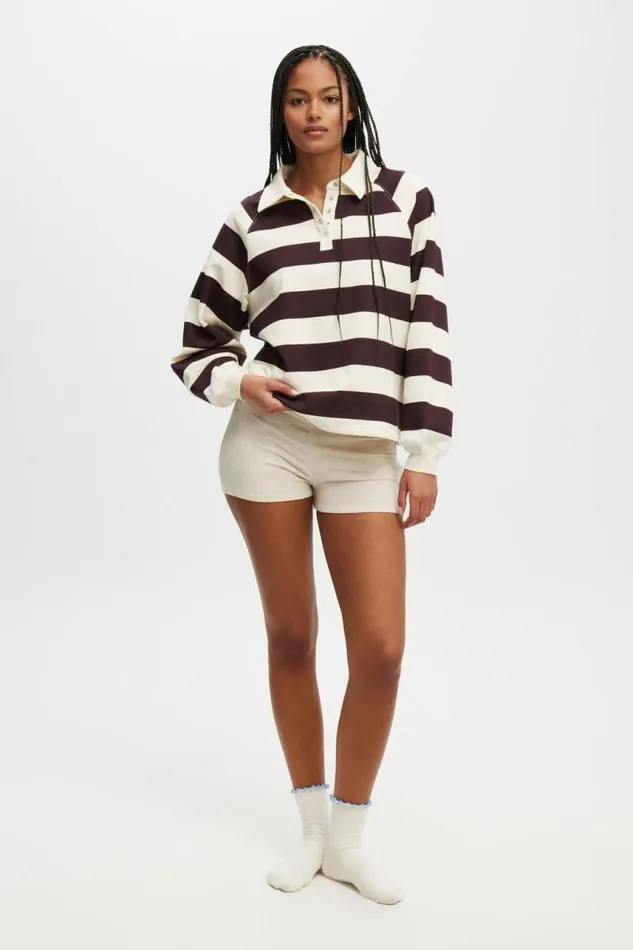 Cotton On SweatsandHoodies Oversized Collared Lounge Fleece Sweater Burgundy Cream Stripe 8211 Women Cotton On SweatsandHoodies Oversized Collared Lounge Fleece Sweater Burgundy Cream Stripe 8211 Women