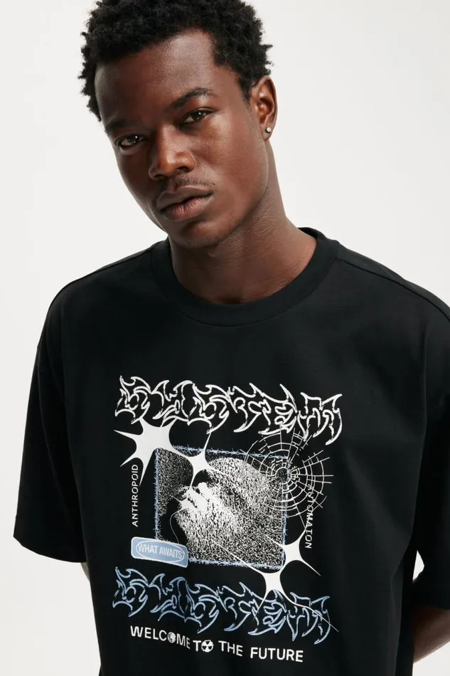 Cotton On Tees and Tanks Box Fit Graphic TShirt Blackwelcome 8211 Men Cotton On Tees and Tanks Box Fit Graphic TShirt Blackwelcome 8211 Men
