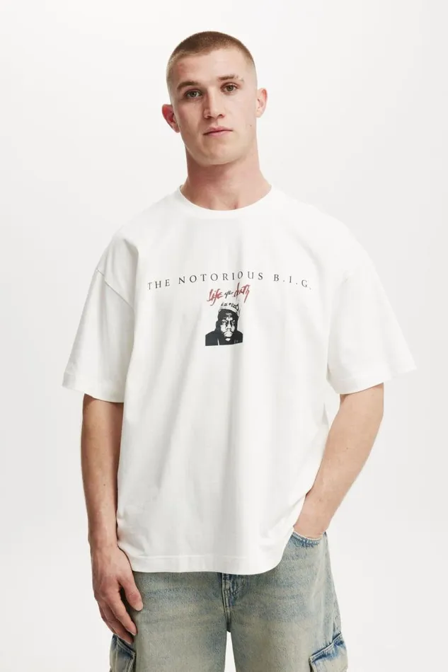 Cotton On Tees and Tanks Box Fit Premium Music TShirt Lcn Mt Vintage Whitebiggie Life After Death 8211 Men